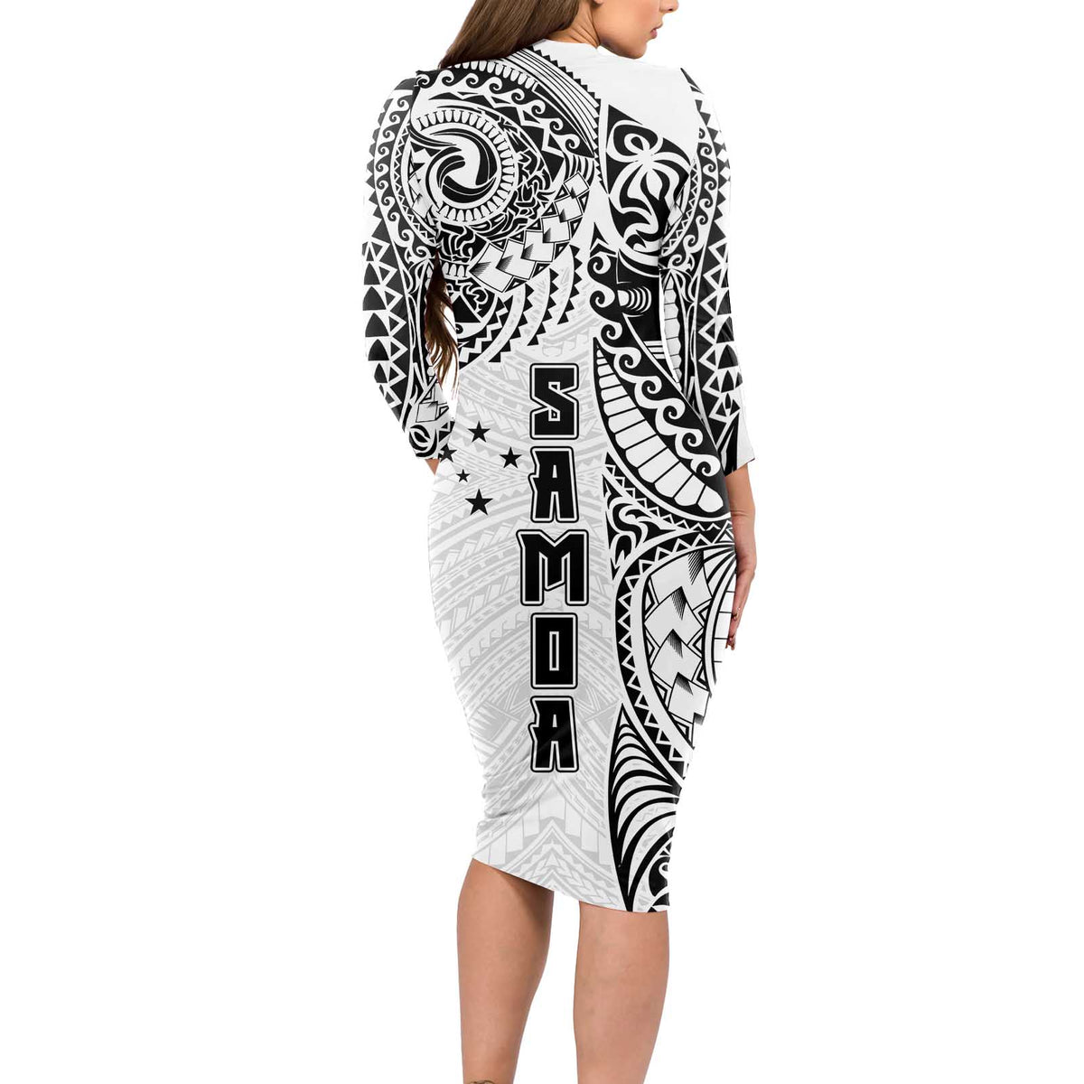 Samoa 685 Art Traditional Tattoo Pattern Long Sleeve Bodycon Dress White Color