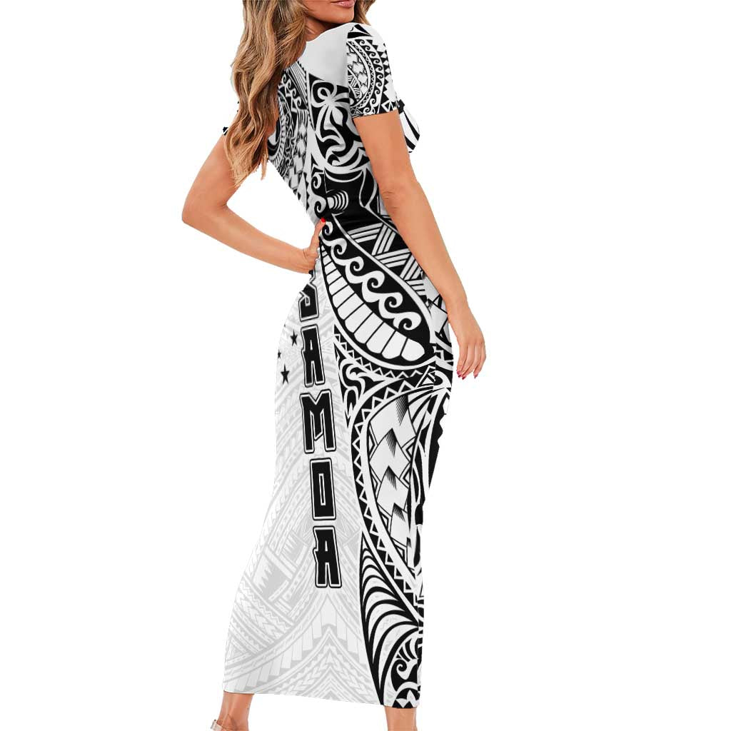 Samoa 685 Art Traditional Tattoo Pattern Short Sleeve Bodycon Dress White Color