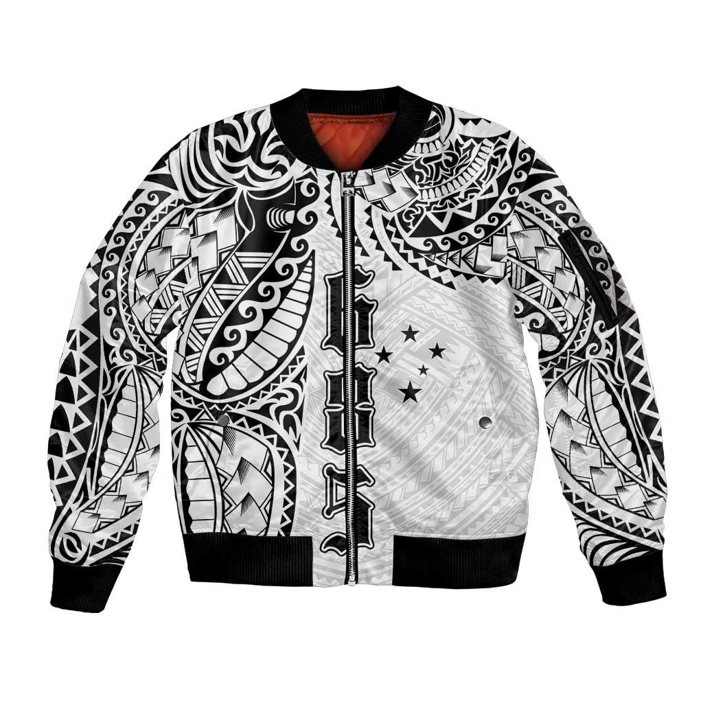 Samoa 685 Art Traditional Tattoo Pattern Sleeve Zip Bomber Jacket White Color