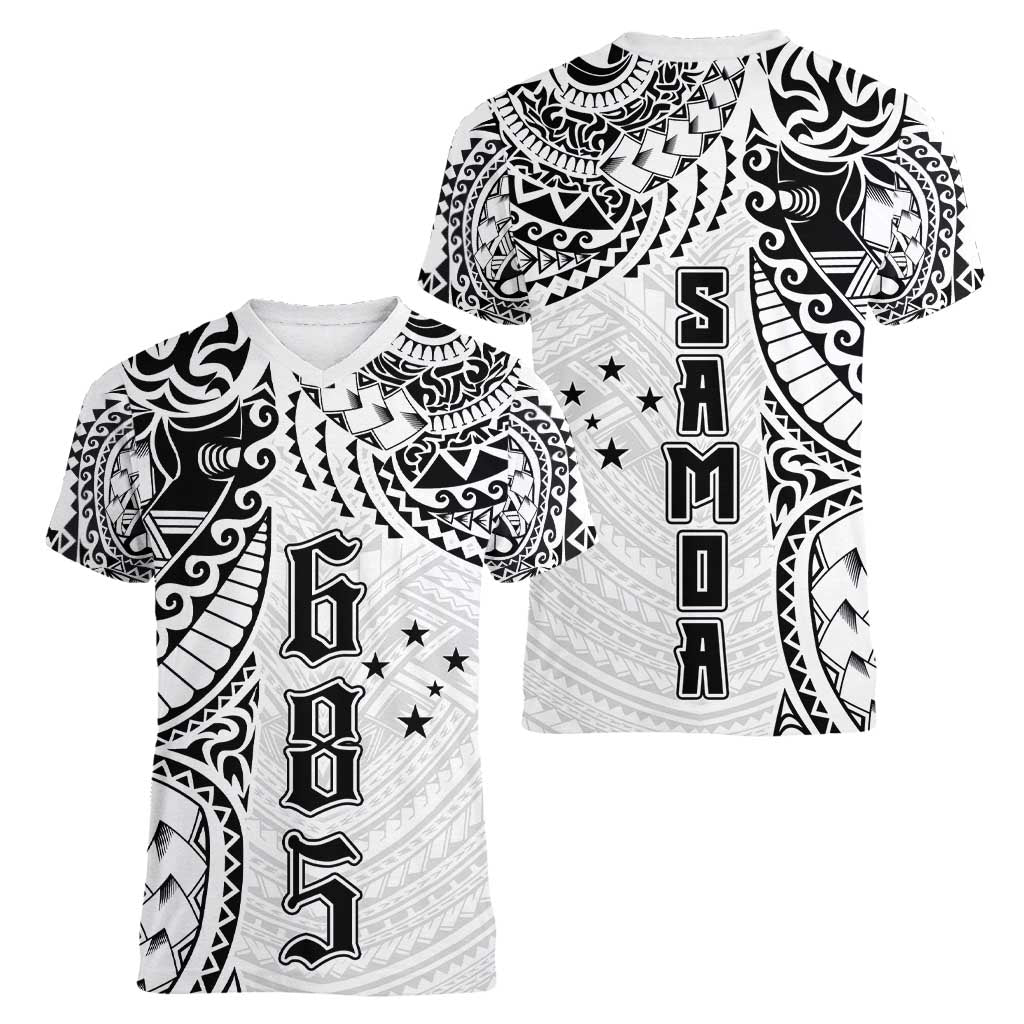 Samoa 685 Art Traditional Tattoo Pattern Women V-Neck T-Shirt White Color