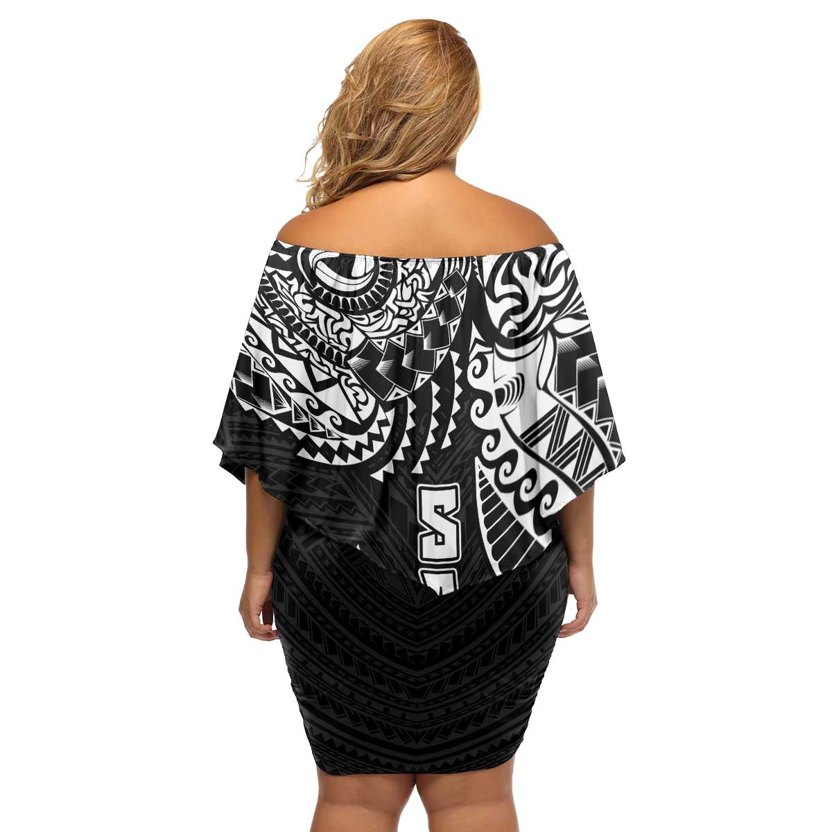 Samoa 685 Art Traditional Tattoo Pattern Family Matching Off Shoulder Short Dress and Hawaiian Shirt Black Color