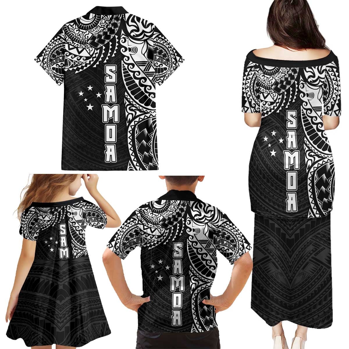 Samoa 685 Art Traditional Tattoo Pattern Family Matching Puletasi and Hawaiian Shirt Black Color