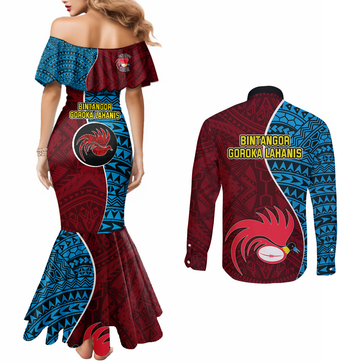 Bintangor Goroka Lahanis Rugby Couples Matching Mermaid Dress and Long Sleeve Button Shirts Papua New Guinea Polynesian Tattoo LT03 - Polynesian Pride