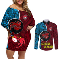 Bintangor Goroka Lahanis Rugby Couples Matching Off Shoulder Short Dress and Long Sleeve Button Shirts Papua New Guinea Polynesian Tattoo LT03 Red - Polynesian Pride