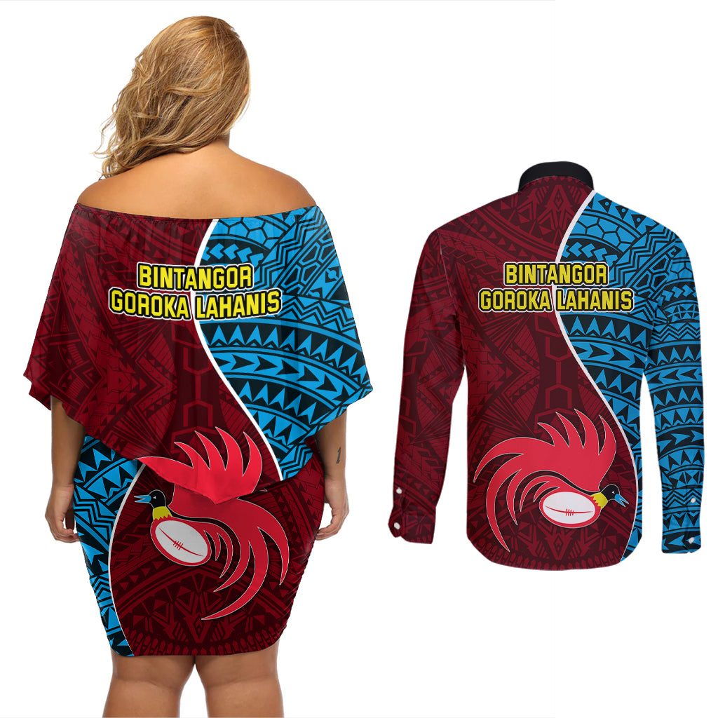 Bintangor Goroka Lahanis Rugby Couples Matching Off Shoulder Short Dress and Long Sleeve Button Shirts Papua New Guinea Polynesian Tattoo LT03 - Polynesian Pride