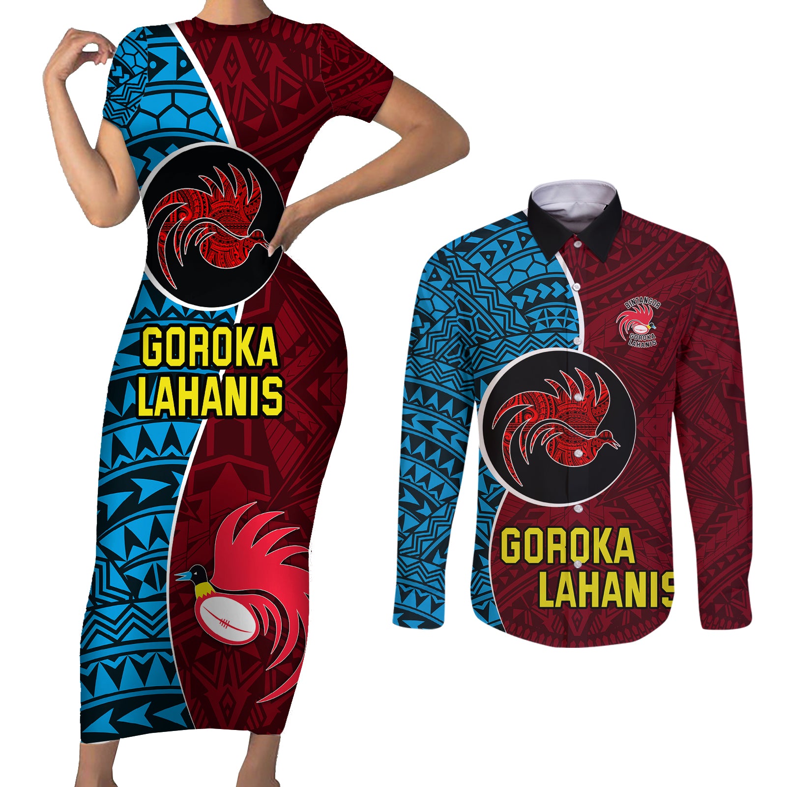 Bintangor Goroka Lahanis Rugby Couples Matching Short Sleeve Bodycon Dress and Long Sleeve Button Shirts Papua New Guinea Polynesian Tattoo LT03 Red - Polynesian Pride