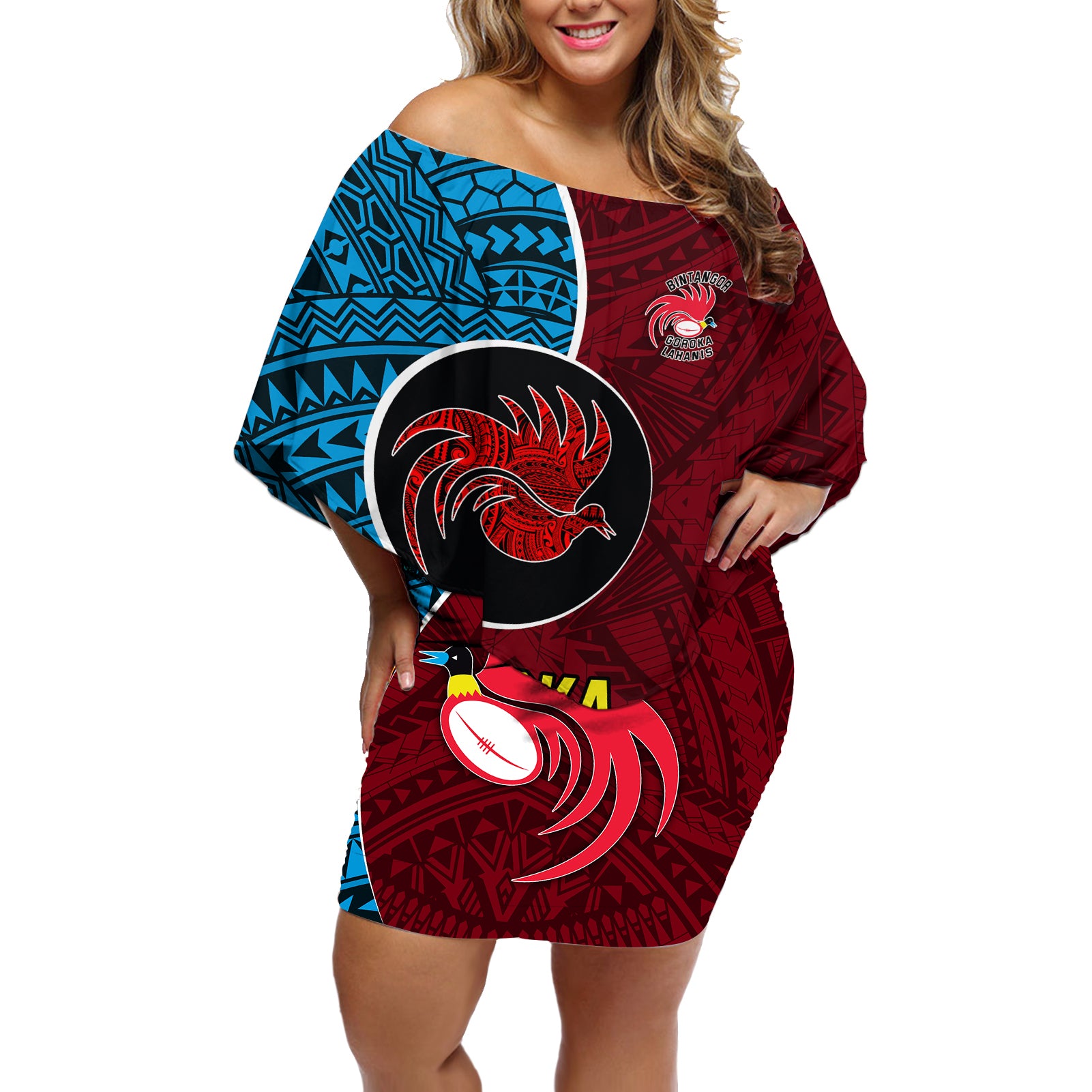 Bintangor Goroka Lahanis Rugby Off Shoulder Short Dress Papua New Guinea Polynesian Tattoo LT03 Women Red - Polynesian Pride