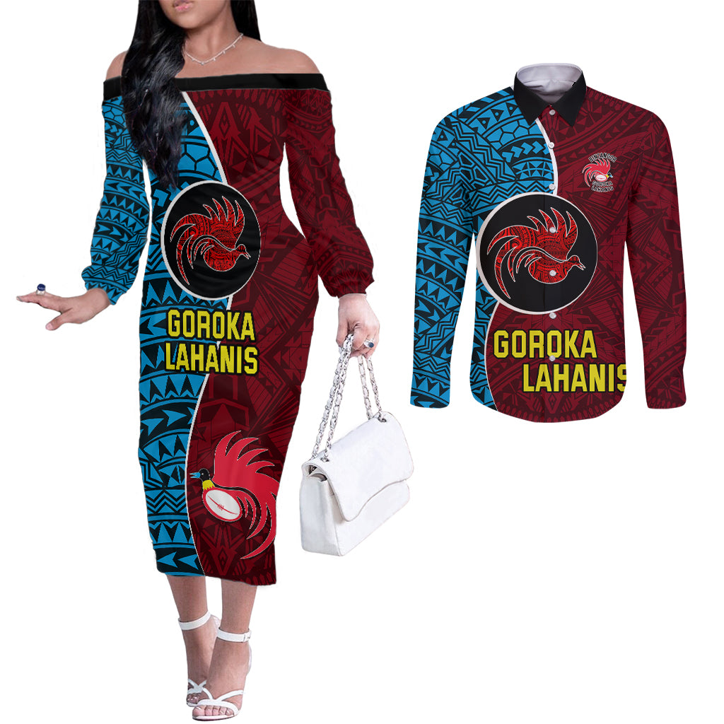 Custom Bintangor Goroka Lahanis Rugby Couples Matching Off The Shoulder Long Sleeve Dress and Long Sleeve Button Shirts Papua New Guinea Polynesian Tattoo LT03 Red - Polynesian Pride