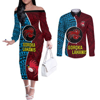 Custom Bintangor Goroka Lahanis Rugby Couples Matching Off The Shoulder Long Sleeve Dress and Long Sleeve Button Shirts Papua New Guinea Polynesian Tattoo LT03 Red - Polynesian Pride
