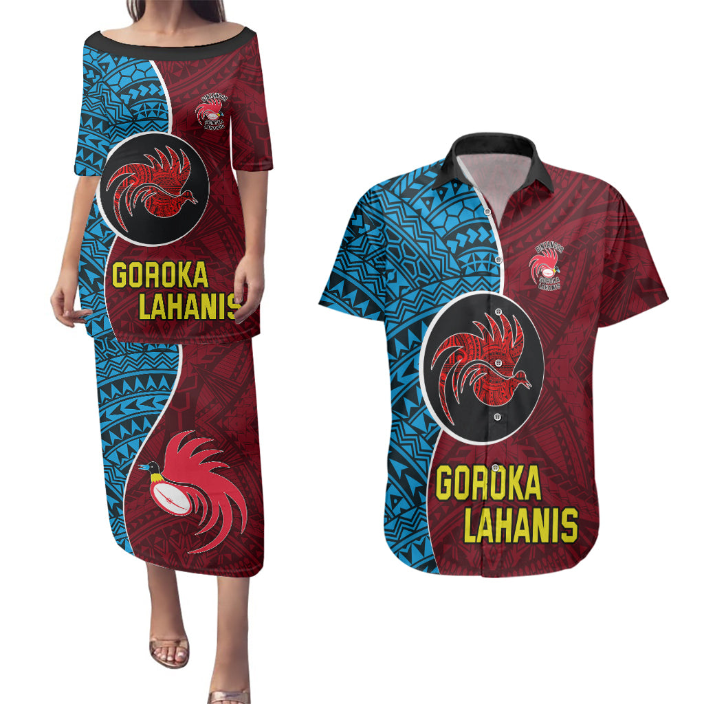 Custom Bintangor Goroka Lahanis Rugby Couples Matching Puletasi Dress and Hawaiian Shirt Papua New Guinea Polynesian Tattoo LT03 Red - Polynesian Pride