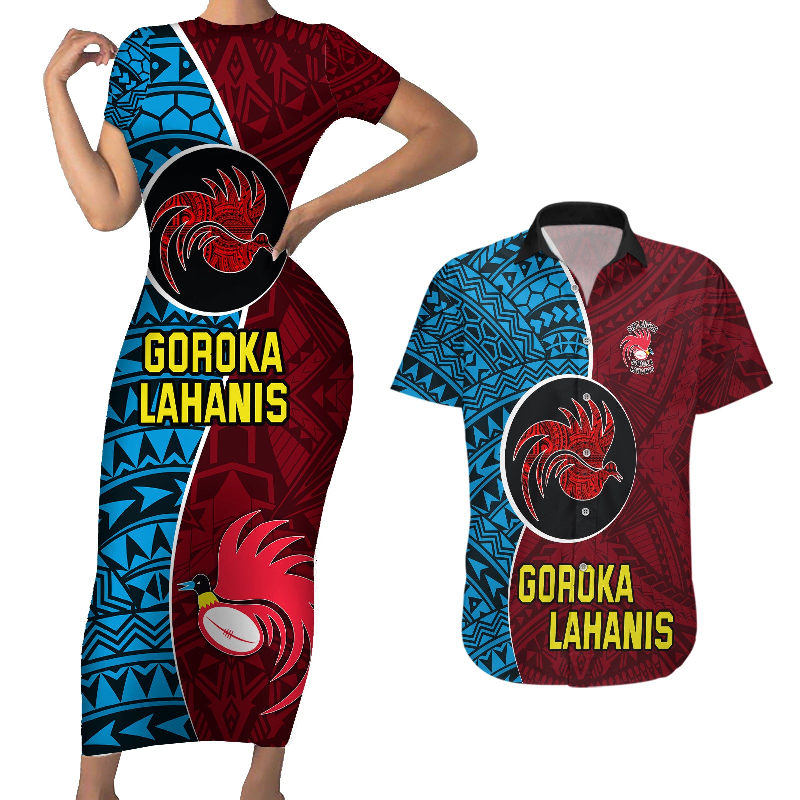 Custom Bintangor Goroka Lahanis Rugby Couples Matching Short Sleeve Bodycon Dress and Hawaiian Shirt Papua New Guinea Polynesian Tattoo LT03 Red - Polynesian Pride