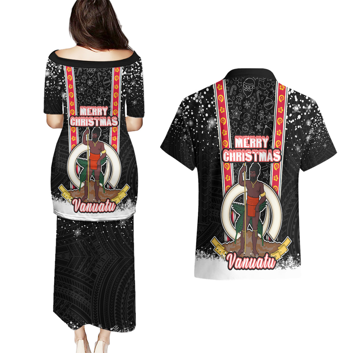 Vanuatu Christmas Couples Matching Puletasi Dress and Hawaiian Shirt Polynesian Tribal Snow Style LT03 - Polynesian Pride