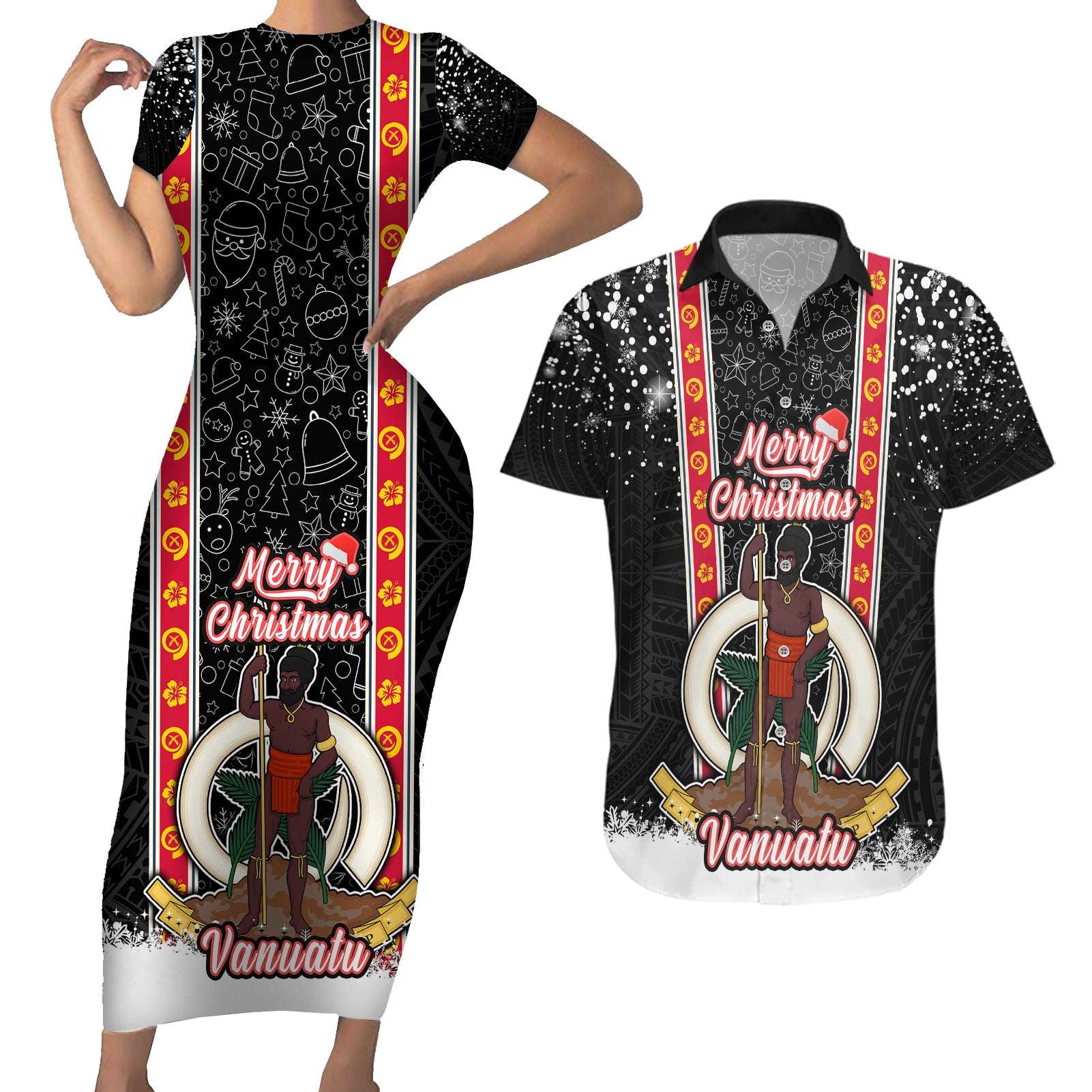 Vanuatu Christmas Couples Matching Short Sleeve Bodycon Dress and Hawaiian Shirt Polynesian Tribal Snow Style LT03 Black - Polynesian Pride