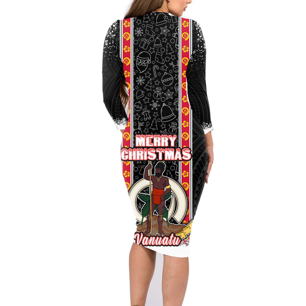 Vanuatu Christmas Family Matching Long Sleeve Bodycon Dress and Hawaiian Shirt Polynesian Tribal Snow Style LT03 - Polynesian Pride