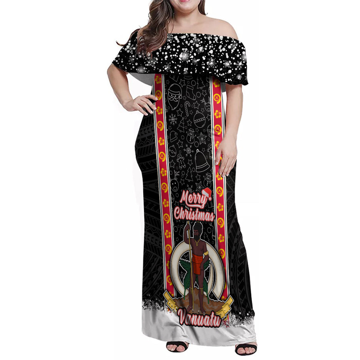 Vanuatu Christmas Family Matching Off Shoulder Maxi Dress and Hawaiian Shirt Polynesian Tribal Snow Style LT03 Mom's Dress Black - Polynesian Pride