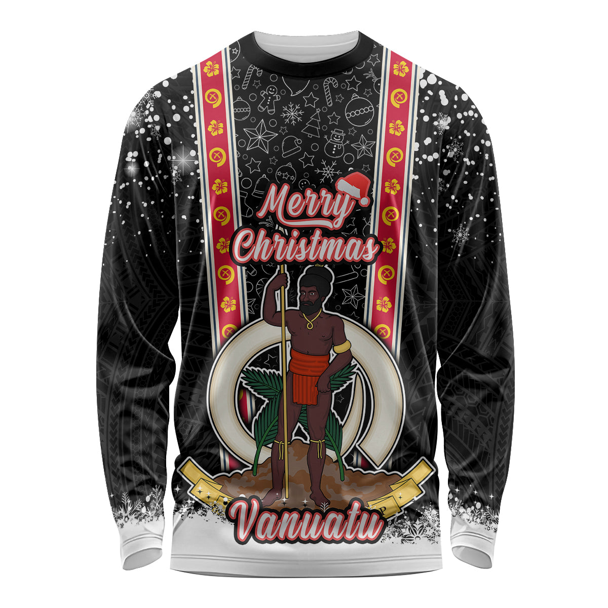 Vanuatu Christmas Long Sleeve Shirt Polynesian Tribal Snow Style LT03 Unisex Black - Polynesian Pride