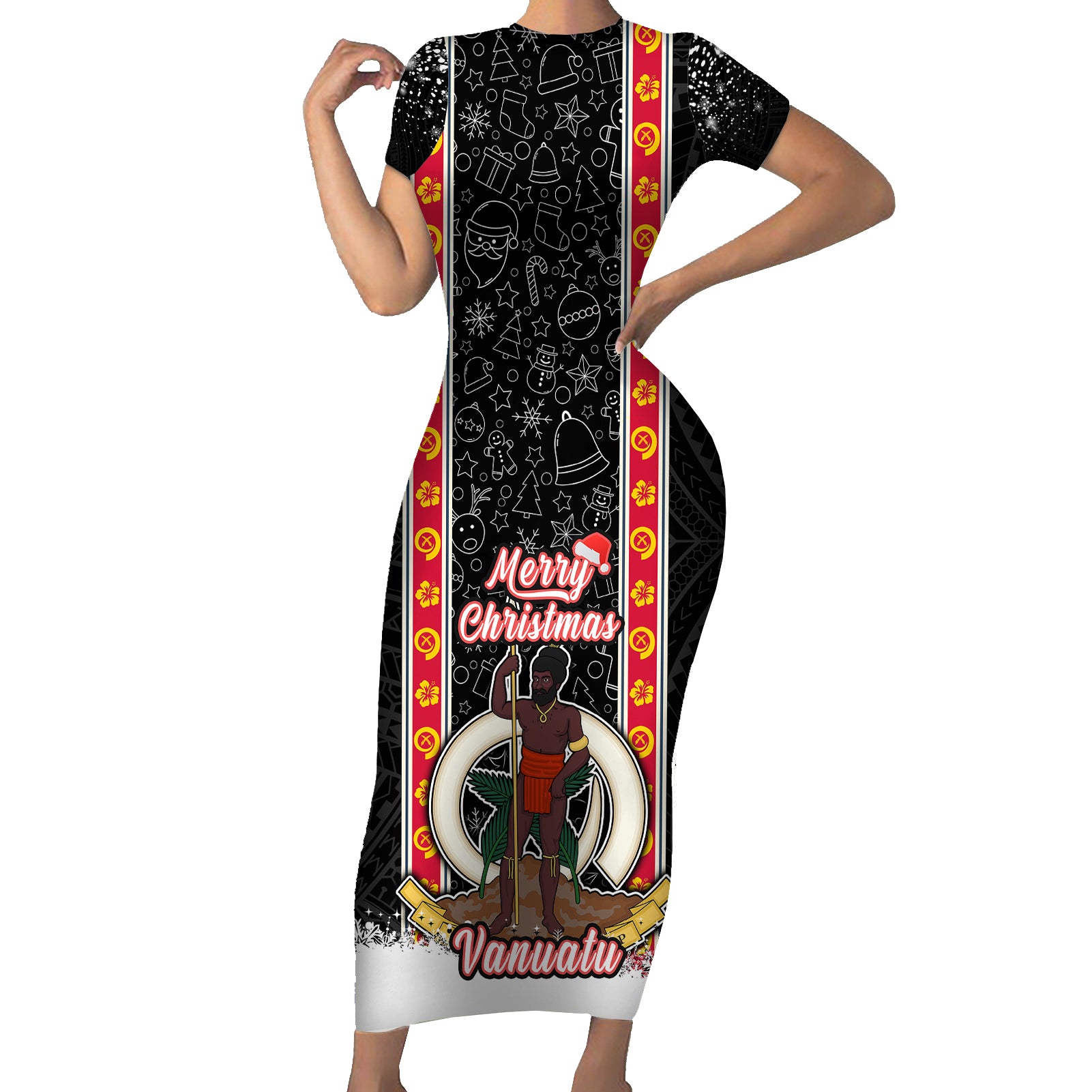 Vanuatu Christmas Short Sleeve Bodycon Dress Polynesian Tribal Snow Style LT03 Long Dress Black - Polynesian Pride