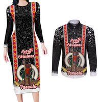 Personalised Vanuatu Christmas Couples Matching Long Sleeve Bodycon Dress and Long Sleeve Button Shirts Polynesian Tribal Snow Style LT03 Black - Polynesian Pride