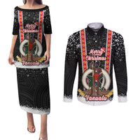 Personalised Vanuatu Christmas Couples Matching Puletasi Dress and Long Sleeve Button Shirts Polynesian Tribal Snow Style LT03 Black - Polynesian Pride