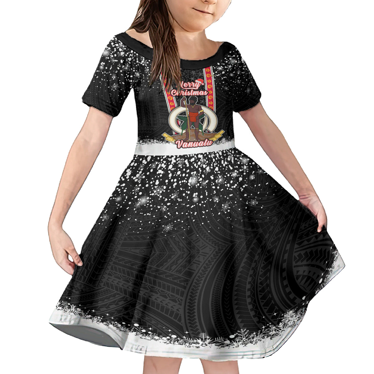 Personalised Vanuatu Christmas Kid Short Sleeve Dress Polynesian Tribal Snow Style LT03 KID Black - Polynesian Pride