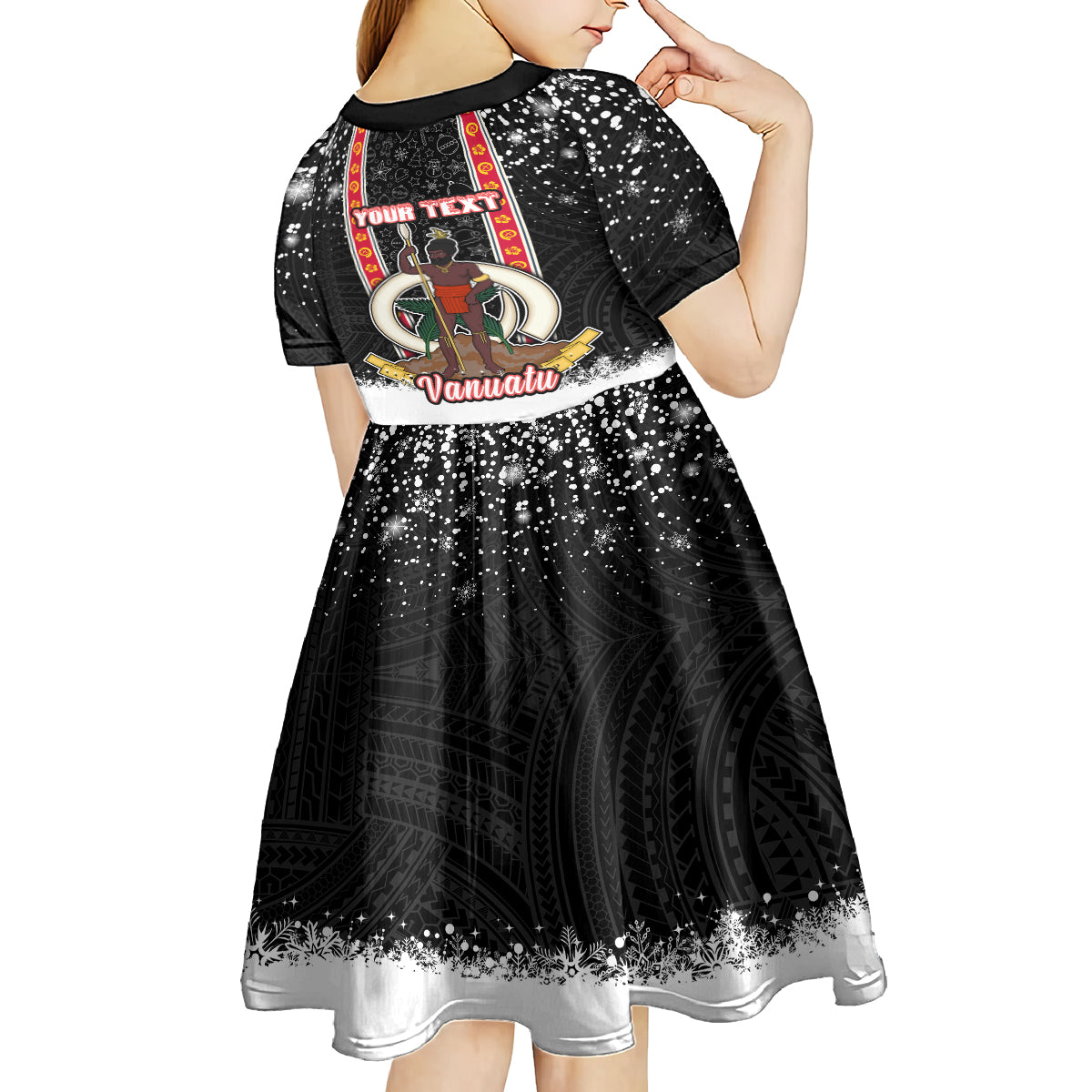 Personalised Vanuatu Christmas Kid Short Sleeve Dress Polynesian Tribal Snow Style LT03 - Polynesian Pride