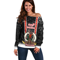 Personalised Vanuatu Christmas Off Shoulder Sweater Polynesian Tribal Snow Style LT03 Women Black - Polynesian Pride