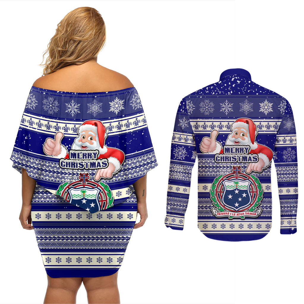 Samoa Christmas Couples Matching Off Shoulder Short Dress and Long Sleeve Button Shirts The Santa Coat of Arms with Samoa Bracelet Pattern LT03 - Polynesian Pride