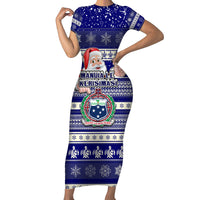 Samoa Christmas Family Matching Short Sleeve Bodycon Dress and Hawaiian Shirt The Santa Coat of Arms with Samoa Bracelet Pattern LT03 Mom's Dress Blue - Polynesian Pride