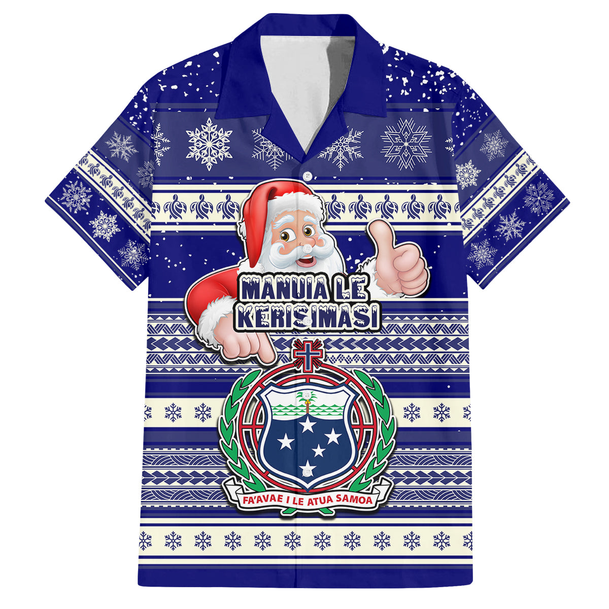 Samoa Christmas Family Matching Summer Maxi Dress and Hawaiian Shirt The Santa Coat of Arms with Samoa Bracelet Pattern LT03 Dad's Shirt - Short Sleeve Blue - Polynesian Pride