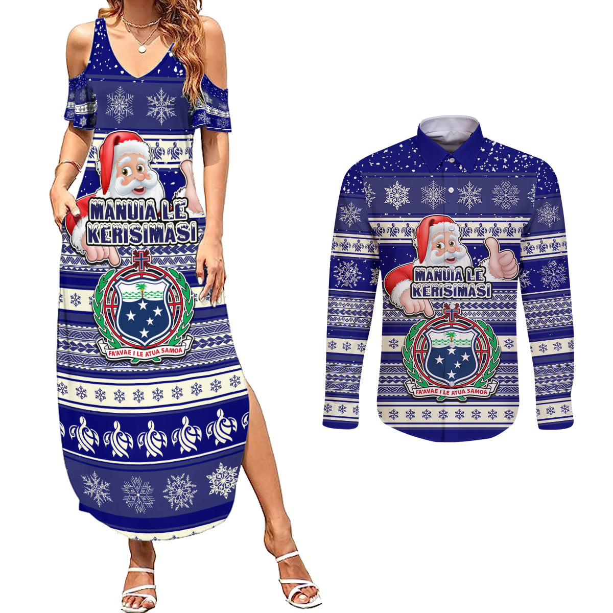 Custom Samoa Christmas Couples Matching Summer Maxi Dress and Long Sleeve Button Shirts The Santa Coat of Arms with Samoa Bracelet Pattern LT03 Blue - Polynesian Pride