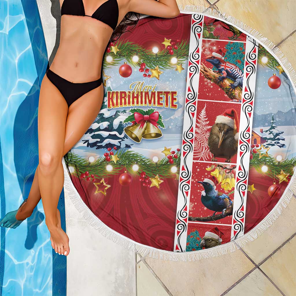 New Zealand Merry Christmas Beach Blanket Maori Animals, Koru Tattoo - Red Xmas Style