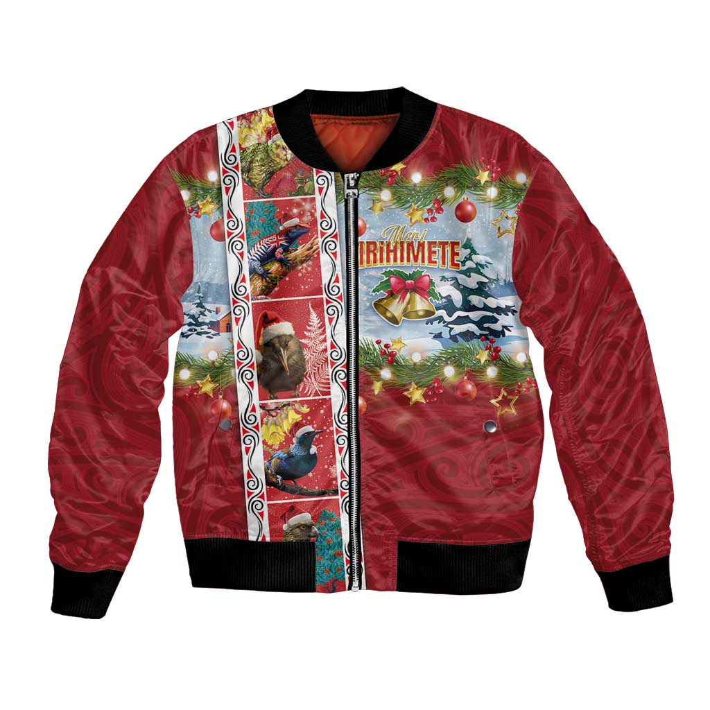 New Zealand Merry Christmas Bomber Jacket Maori Animals, Koru Tattoo - Red Xmas Style