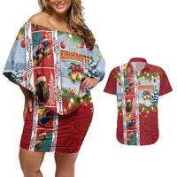 New Zealand Merry Christmas Couples Matching Off Shoulder Short Dress and Hawaiian Shirt Maori Animals, Koru Tattoo - Red Xmas Style LT03 Red - Polynesian Pride