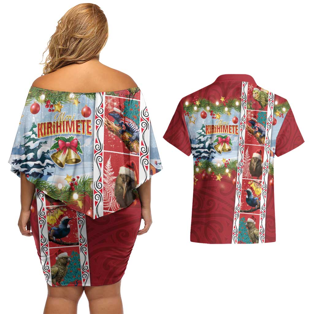New Zealand Merry Christmas Couples Matching Off Shoulder Short Dress and Hawaiian Shirt Maori Animals, Koru Tattoo - Red Xmas Style LT03 - Polynesian Pride