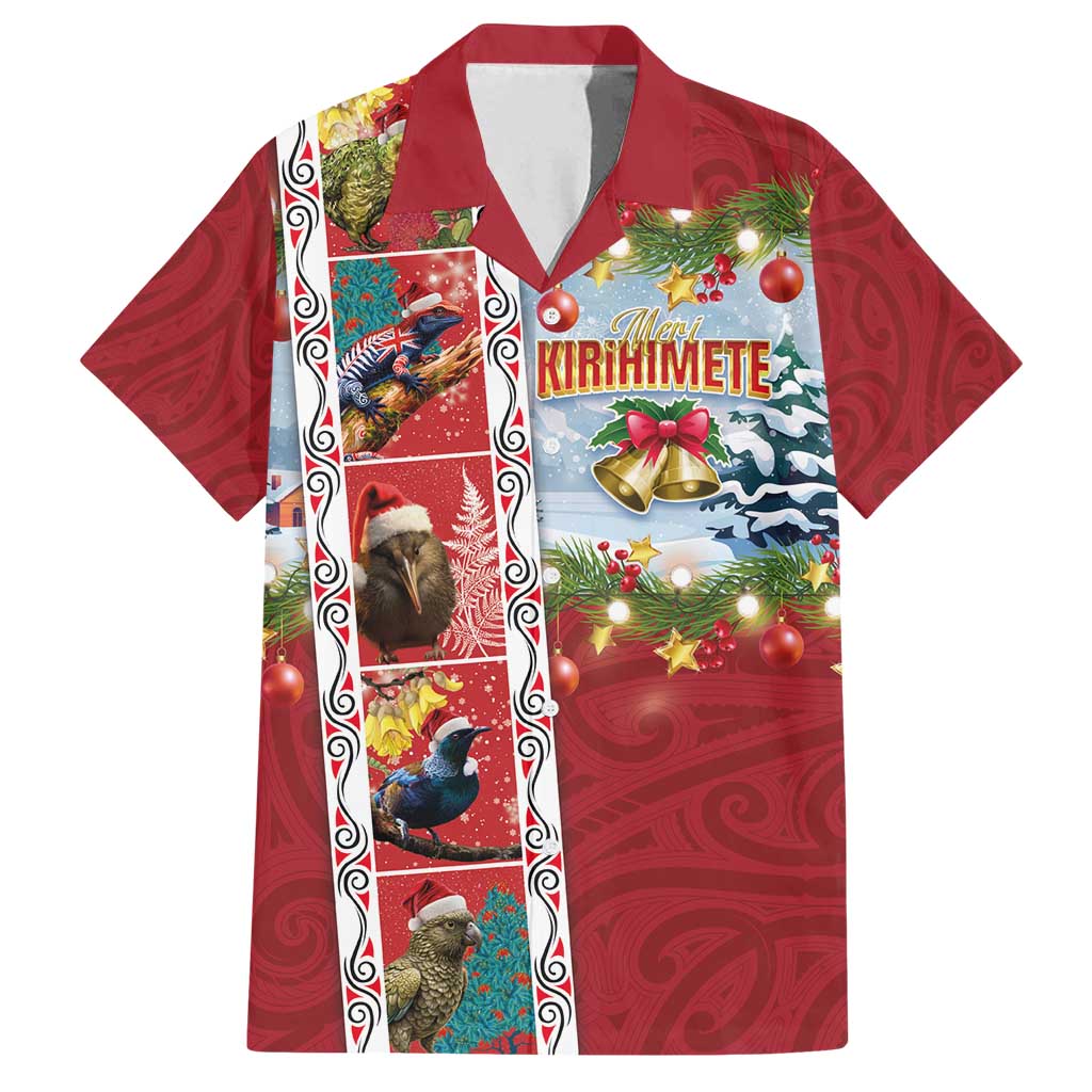 New Zealand Merry Christmas Family Matching Long Sleeve Bodycon Dress and Hawaiian Shirt Maori Animals, Koru Tattoo - Red Xmas Style LT03 Dad's Shirt - Short Sleeve Red - Polynesian Pride
