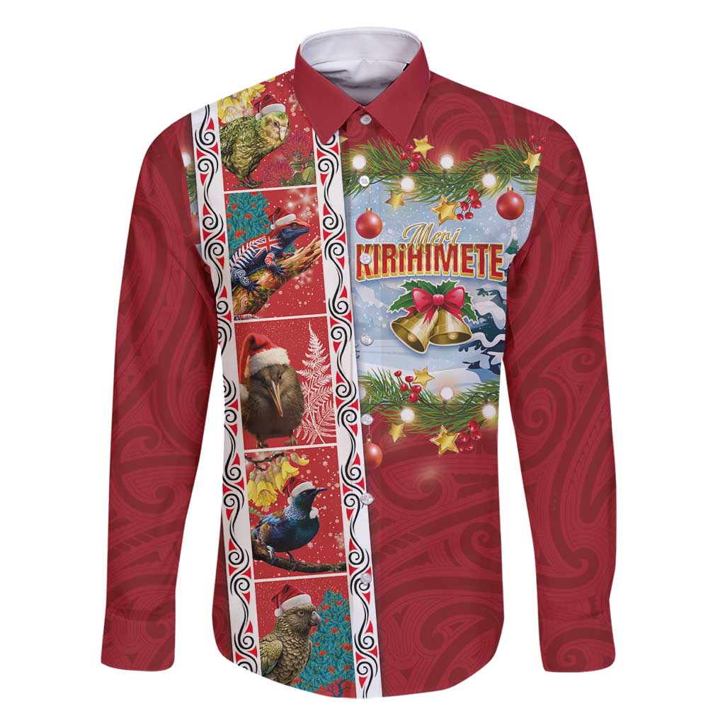 New Zealand Merry Christmas Family Matching Long Sleeve Bodycon Dress and Hawaiian Shirt Maori Animals, Koru Tattoo - Red Xmas Style LT03 Dad's Shirt - Long Sleeve Red - Polynesian Pride