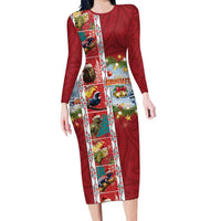 New Zealand Merry Christmas Family Matching Long Sleeve Bodycon Dress and Hawaiian Shirt Maori Animals, Koru Tattoo - Red Xmas Style LT03 Mom's Dress Red - Polynesian Pride