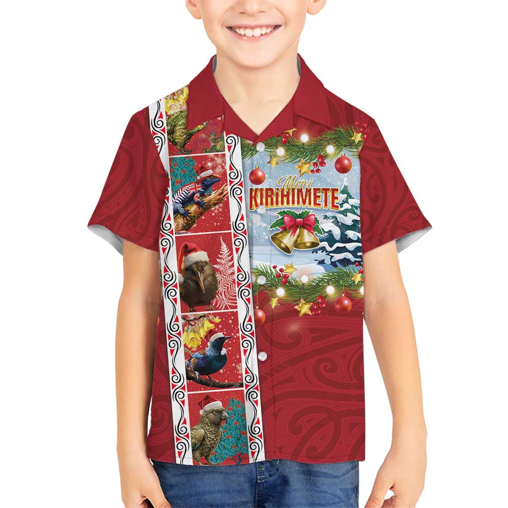 New Zealand Merry Christmas Family Matching Long Sleeve Bodycon Dress and Hawaiian Shirt Maori Animals, Koru Tattoo - Red Xmas Style LT03 Son's Shirt Red - Polynesian Pride