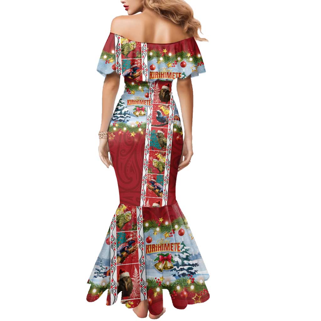 New Zealand Merry Christmas Family Matching Mermaid Dress and Hawaiian Shirt Maori Animals, Koru Tattoo - Red Xmas Style