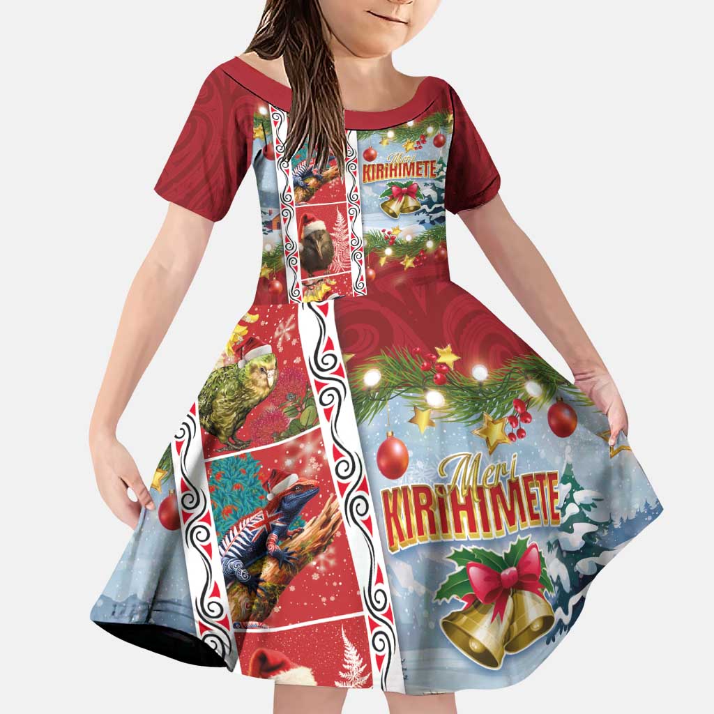 New Zealand Merry Christmas Family Matching Puletasi and Hawaiian Shirt Maori Animals, Koru Tattoo - Red Xmas Style LT03 Daughter's Dress Red - Polynesian Pride