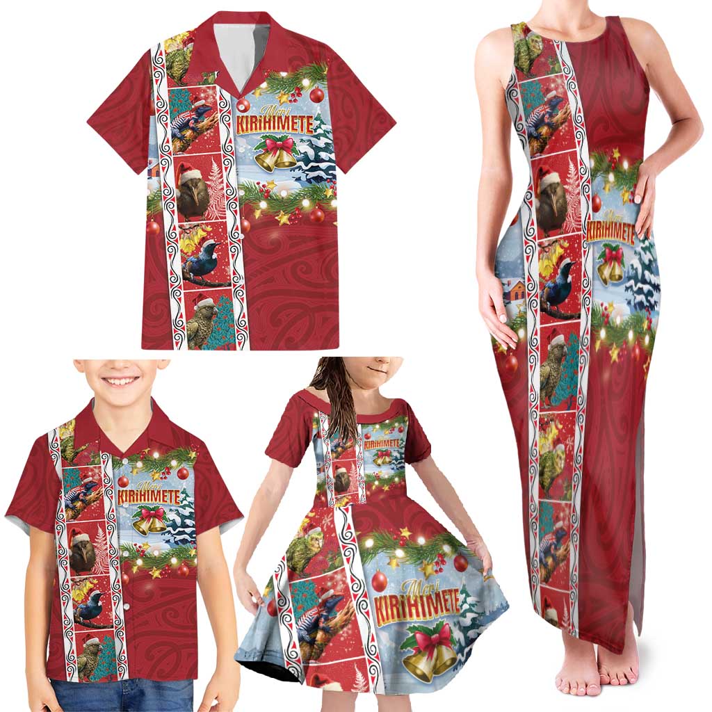 New Zealand Merry Christmas Family Matching Tank Maxi Dress and Hawaiian Shirt Maori Animals, Koru Tattoo - Red Xmas Style