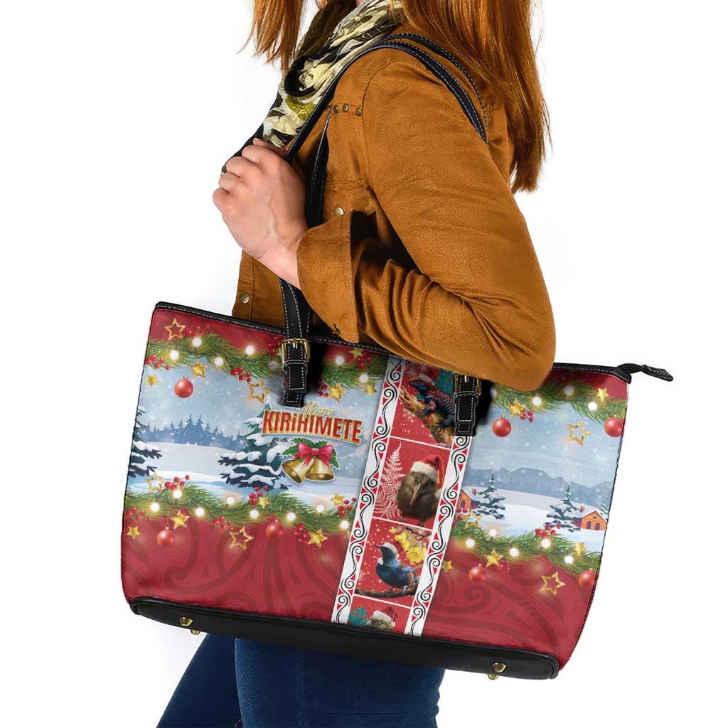 New Zealand Merry Christmas Leather Tote Bag Maori Animals, Koru Tattoo - Red Xmas Style