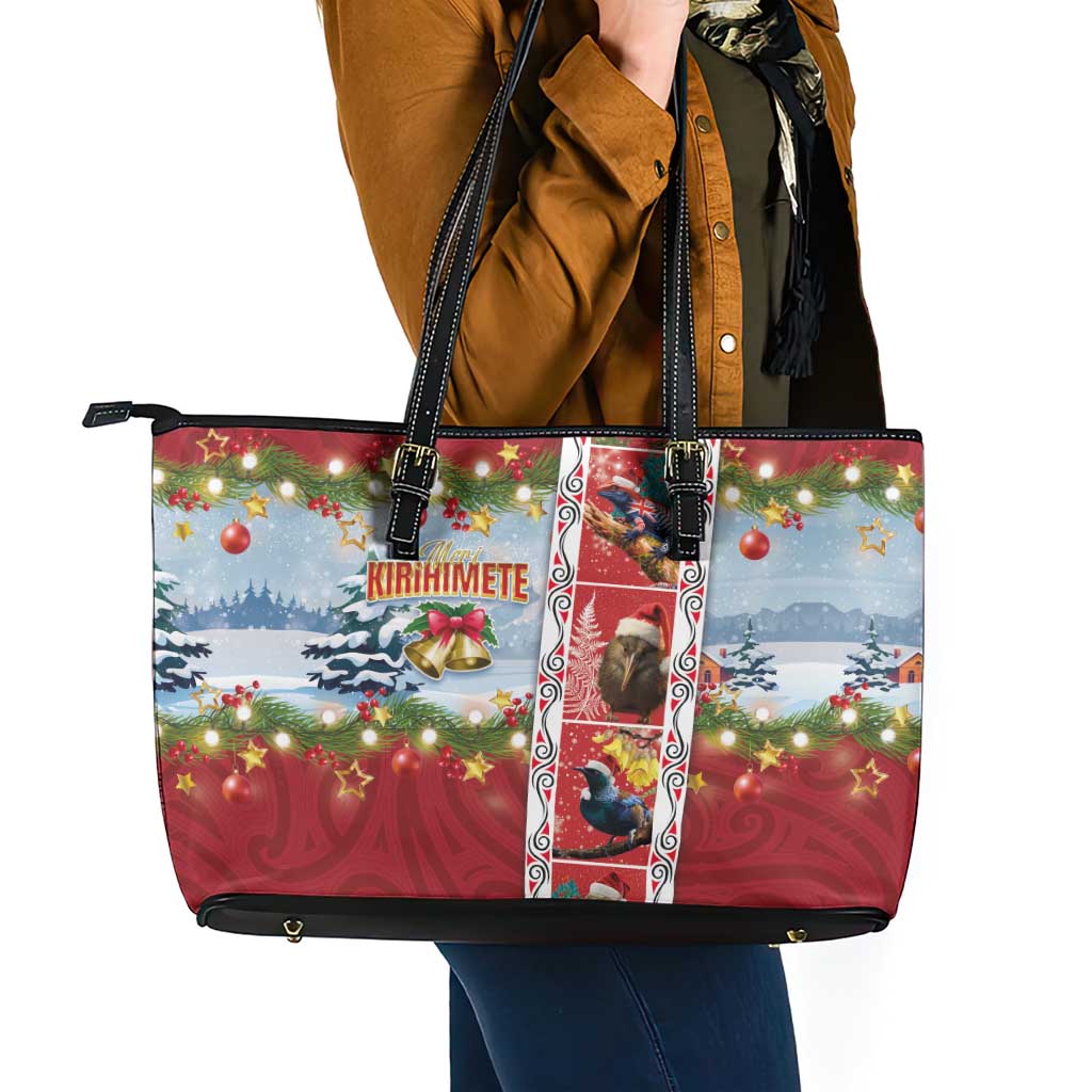 New Zealand Merry Christmas Leather Tote Bag Maori Animals, Koru Tattoo - Red Xmas Style