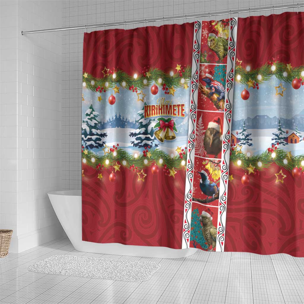 New Zealand Merry Christmas Shower Curtain Maori Animals, Koru Tattoo - Red Xmas Style