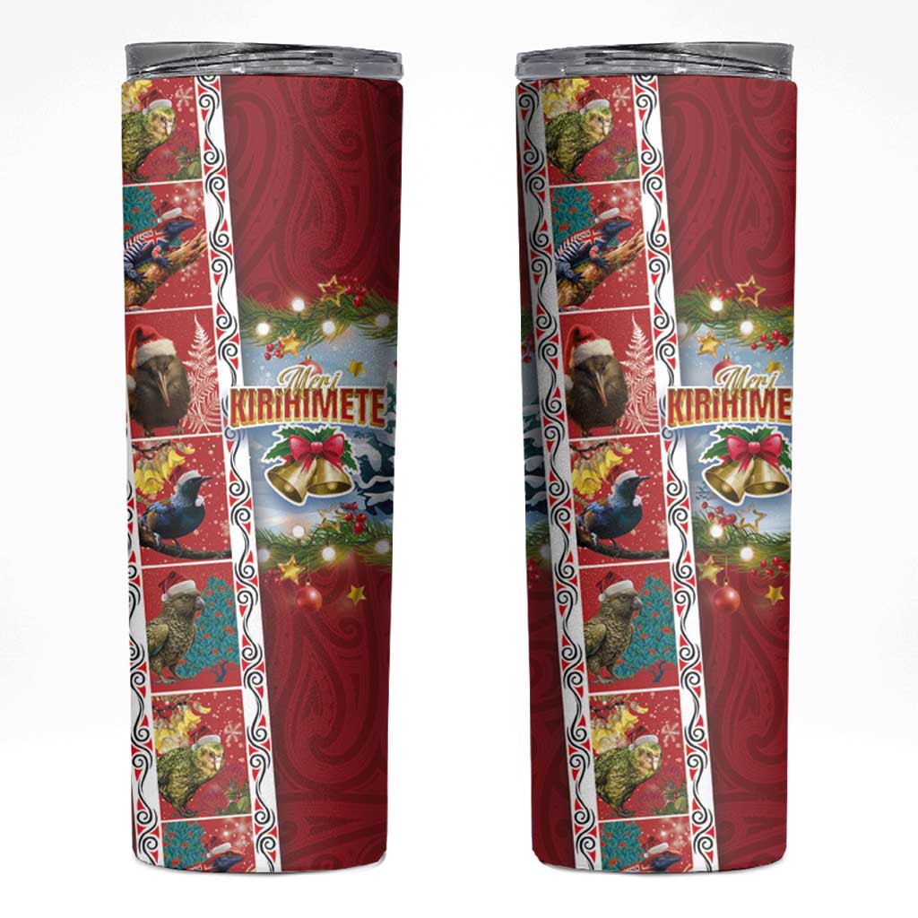 New Zealand Merry Christmas Skinny Tumbler Maori Animals Xmas Style and Koru Tattoo Red Color