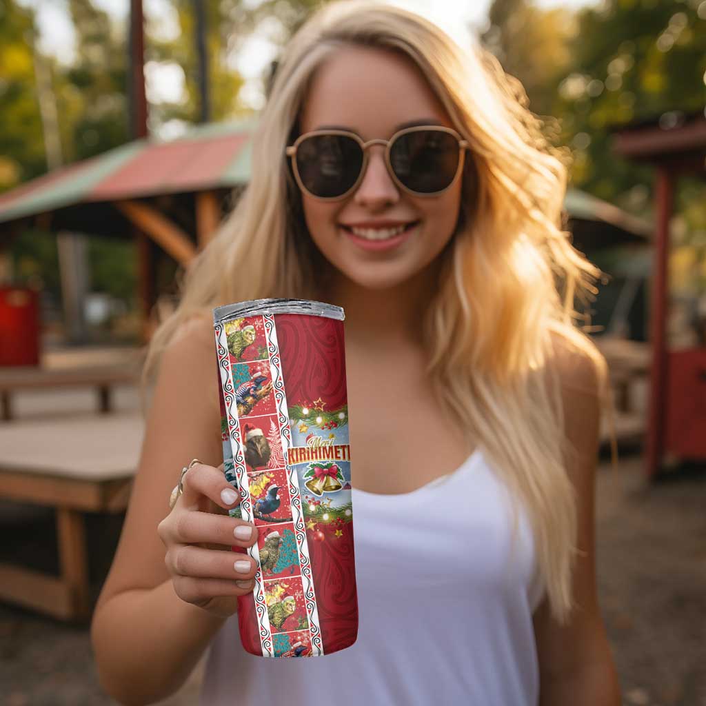 New Zealand Merry Christmas Skinny Tumbler Maori Animals Xmas Style and Koru Tattoo Red Color