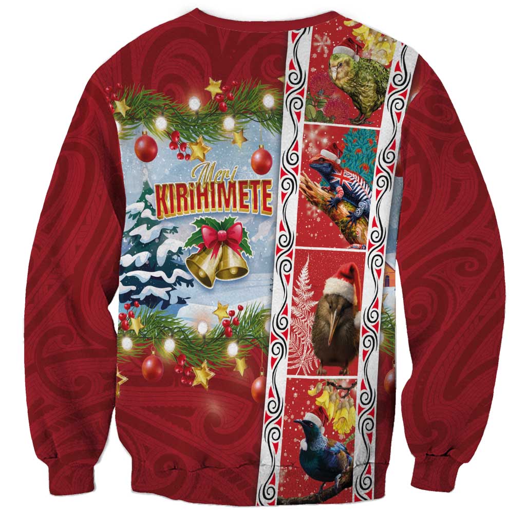 New Zealand Merry Christmas Sweatshirt Maori Animals, Koru Tattoo - Red Xmas Style