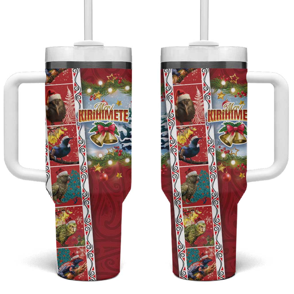 New Zealand Merry Christmas Tumbler With Handle Maori Animals Xmas Style and Koru Tattoo Red Color