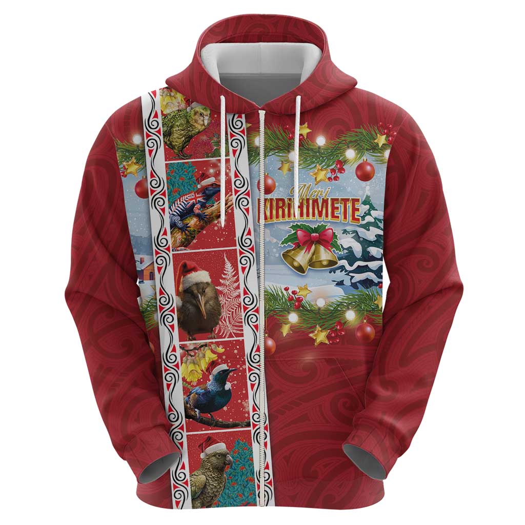 New Zealand Merry Christmas Zip Hoodie Maori Animals, Koru Tattoo - Red Xmas Style LT03 - Polynesian Pride