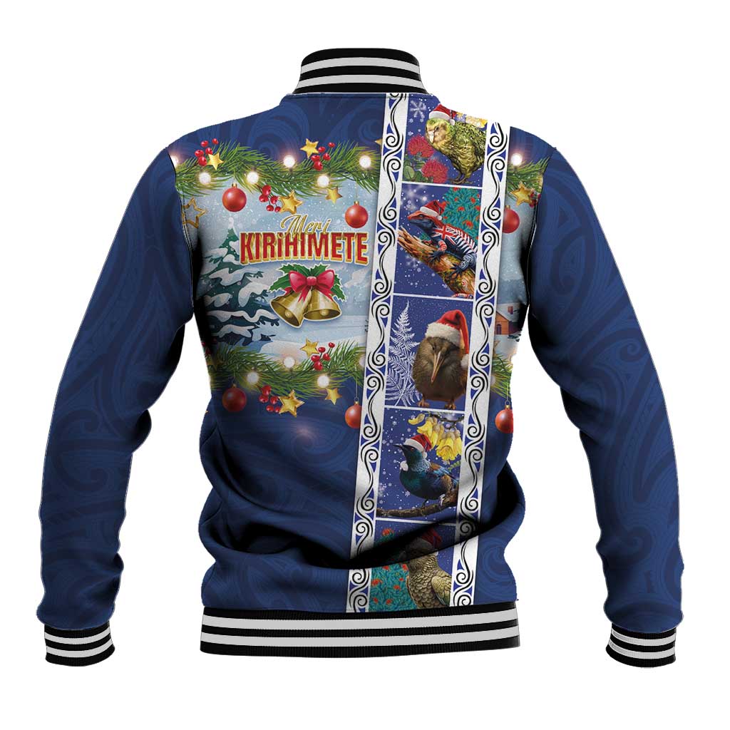 New Zealand Merry Christmas Baseball Jacket Maori Animals, Koru Tattoo - Blue Xmas Style